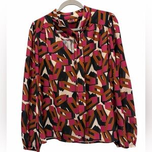 ISLE by Melis Kozan Retro Geometric Print Brown & Pink Blouse Size Medium